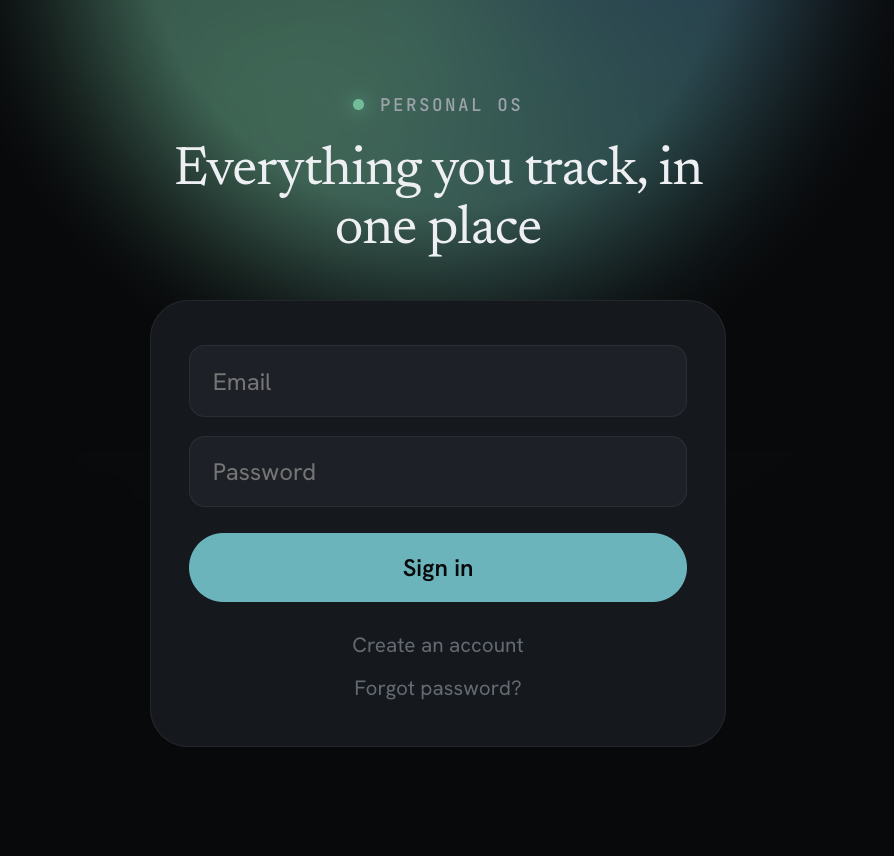 Life OS sign-in screen headlined Everything you track, in one place