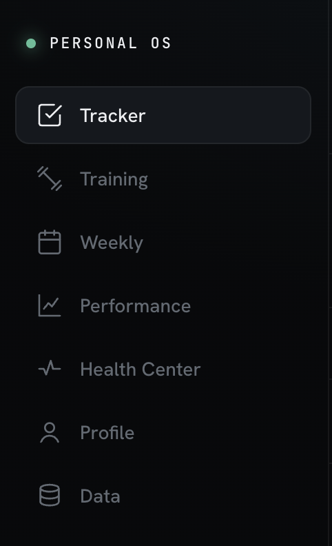 Personal OS sidebar: Tracker, Training, Weekly, Performance, Health Center, Profile and Data