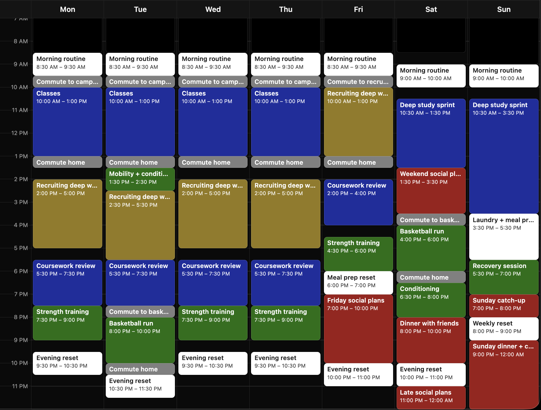 A filled weekly schedule with editable time blocks